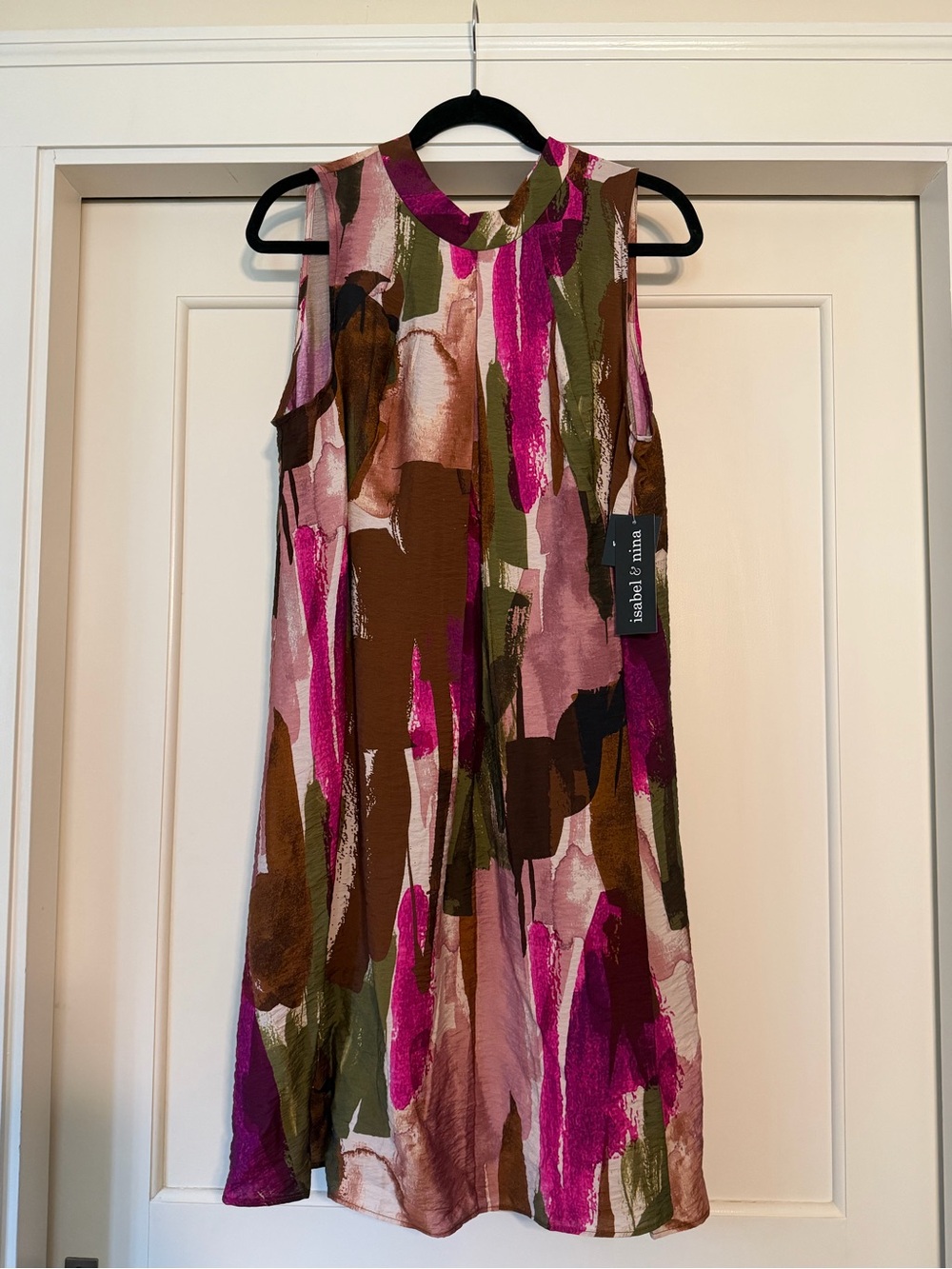 Abstract Brushstroke Print Crinkle Swing Dress Tie Back Fuchsia Olive L NWT